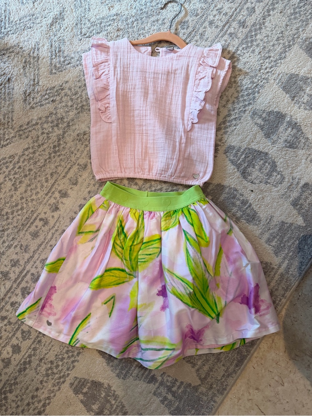 Girls Pink Ruffle Top and Floral Skirt Matching Set